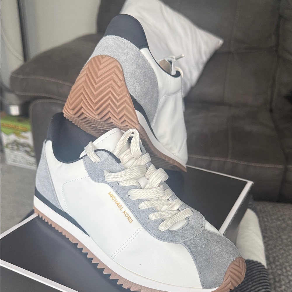 Michael Kors Men's White, Gray & Tan Leather Suede Trainer